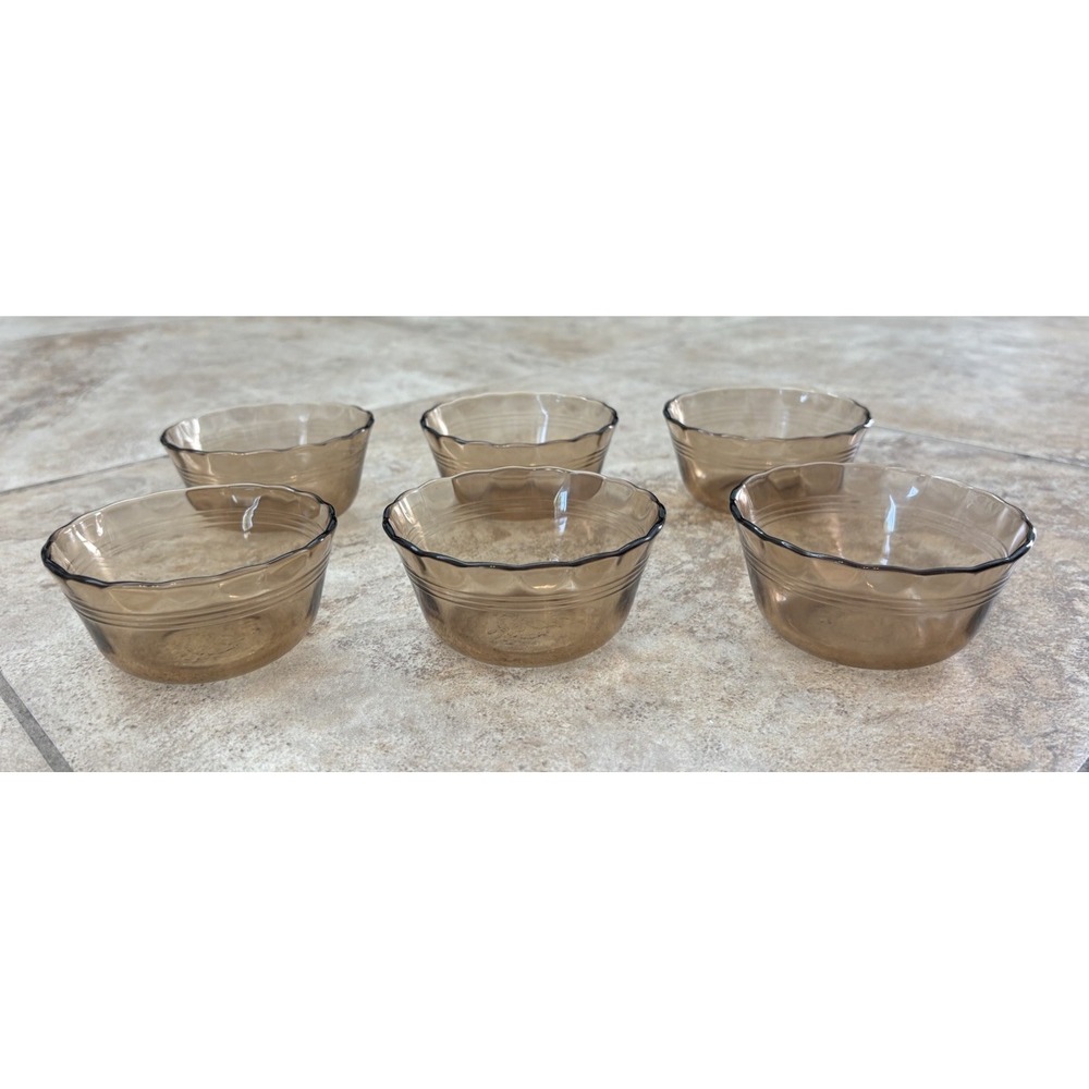 Set of 6 Vintage Pyrex Smoked Brown Glass Dessert Berry Bowls 3.5" Made USA